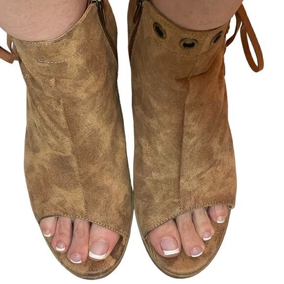 93 Vintage Womens Open Toe Ankle Boots Lace Up Tan Side Zip Vegan 9.5 - Picture 16 of 16